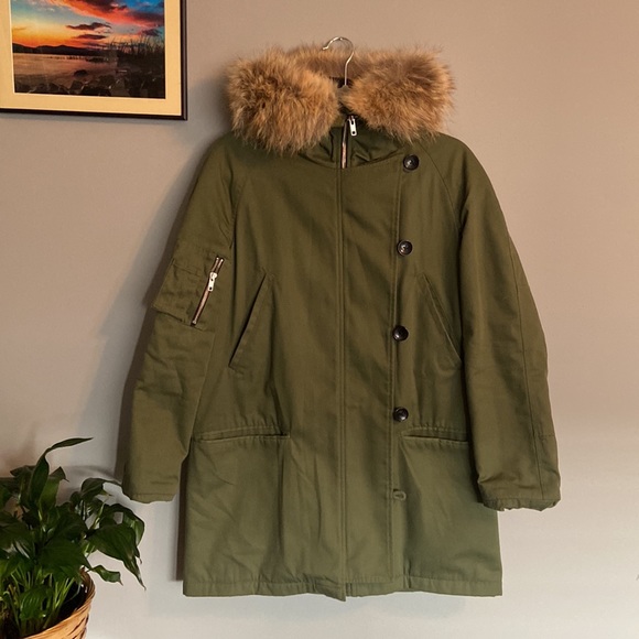 Cut 25 by Yigal Azrouel Olive Green Anorak Coat 100% Coyote Fur Hood - Picture 12 of 15